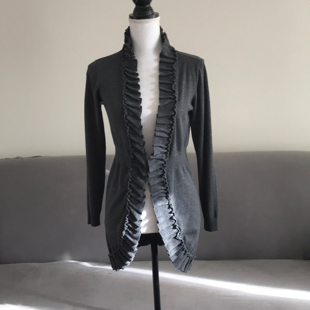 Slate Grey Ruffle Trim Long Sleeve Cardigan